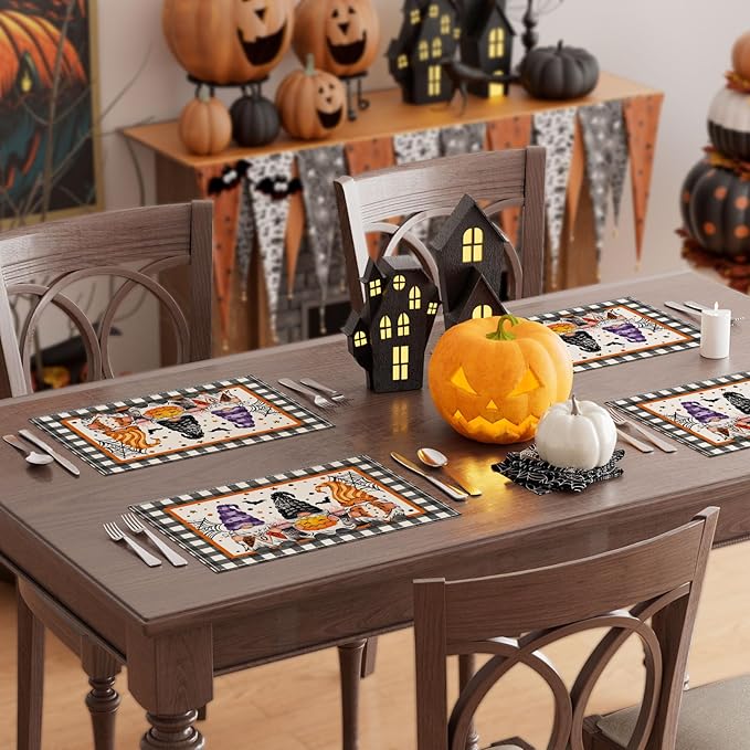 XCHI Spooky Boo Plaid Gnome Halloween Placemats Set of 6 Table Mats for Party Home Kitchen Dining Table Decorations 12x18 Inch