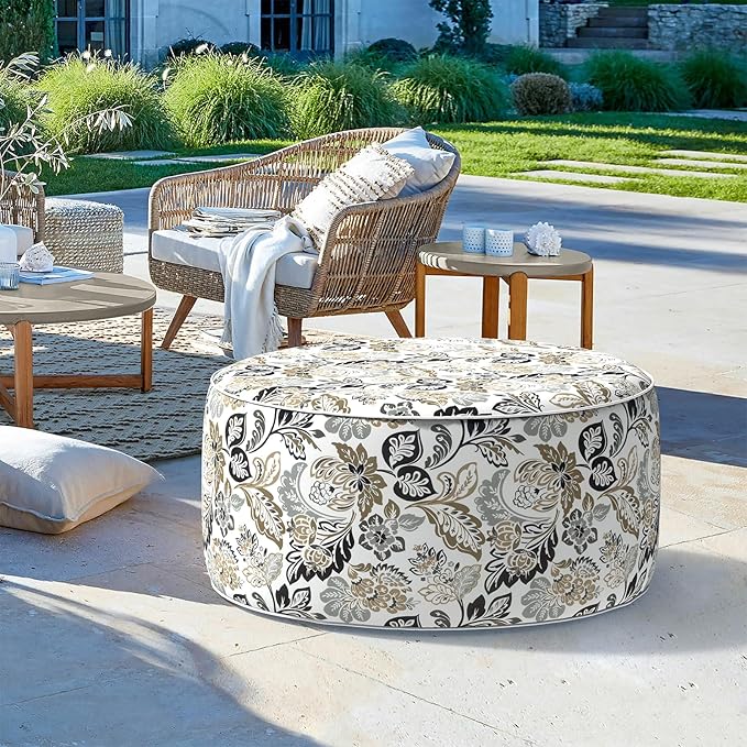 LVTXIII Outdoor Inflatable Ottoman, Fade-Resistant Round Footrest Stool D31”x H14”, Portable Patio Pouf for Garden Camping or Home Use, Dailey Tan