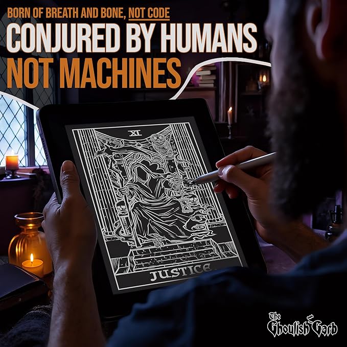 The Ghoulish Garb Justice Tarot Card Tapestry (Black & White) - Grim Reaper - Gothic Halloween Home Decor Wall Hanging (60" x 50")