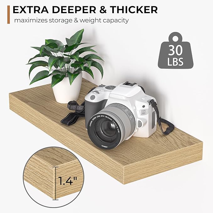 Fun Memories Floating Shelves - 16 Inch Wall Shelf for Decor & Storage - Wall Mounted Display Shelving with Invisible Heavy Duty Metal Bracket 2Pack, Oak