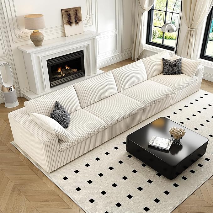 157.5" Cloud Couch Modular Sectional Sofa for Living Room,Modern Sofa with Deep Seat，4 Seater Boneless Couch,Comfy Upholstered Corduroy Couches for Apartment, Studio, Office,Bedroom，White