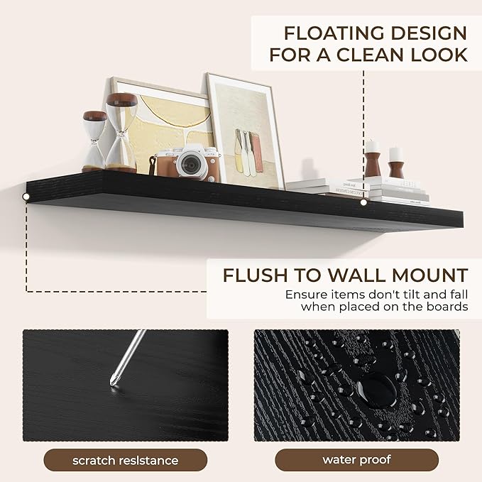RICHFOCUS 55Inch Floating Shelves for Wall 2 Pack Shelves for Bedroom|Kitchen|Bathroom Wall Mounted Rustic Wood Floating Shelf with Invisible Brackets for Books|Storage|Decor, Black