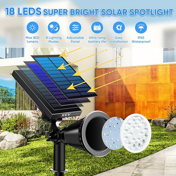 KEV 800 Lumens Solar Spot Lights Outdoor,18 LEDs Solar Flood Lights with 2 Modes &Adjustable &IPX65 Waterproof,Solar Spotlight for Driveway/Backyard/Patio Landscape/Tree/Garage(Cool White, 4 Pack)