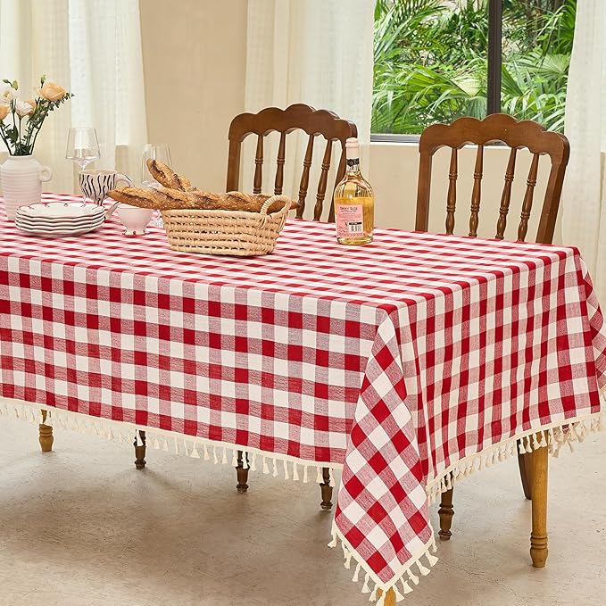Table Cloth Square Table-Rustic Gingham Tablecloth Buffalo Plaid Table Cloth for Thanksgiving Christmas Kitchen Dining Room (55x55 Inch,Red and White)