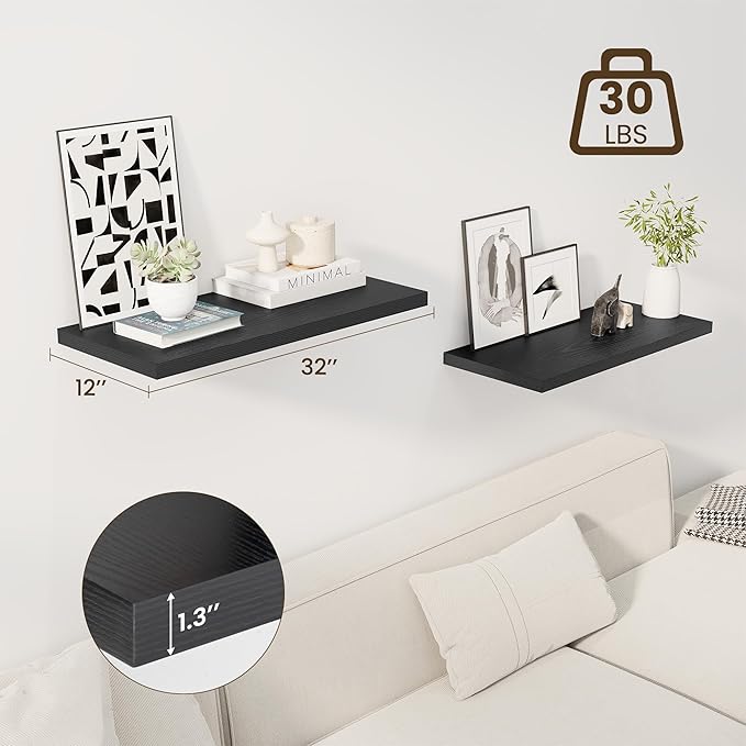 30" Floating Shelves for Wall, 12" Deep Slim Black Floating Shelves, Wall-Mounted Shelves for Bedroom, Living Room, Kitchen, Bathroom - Set of 2