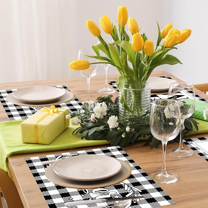 Love Family Placemats Set of 6 Buffalo Plaid Plastic Table Mats Black and White Plaid Place Mats Washable Vinyl Love Home Checkered Table Decoration for Indoor Outdoor Party Kitchen Dining