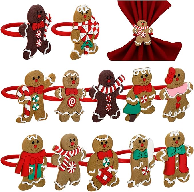 LemonRoad 12 Pcs Christmas Napkin Rings Bulk Xmas Chic Napkin Holder Rings Buckle for Holiday Birthday Party Anniversary Dinner Wedding Dining Table Decoration (Gingerbread,Silicone)