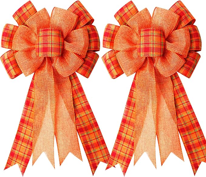 Iceyyyy Extra Large Fall Wreath Gift Bow -18.8x10.6inch Orange Buffalo Plaid Check Wreath Bow Swag Bow Thanksgiving Wreath Pre-Tied Bow For Fall, Thanksgiving, Christmas, Home Indoor Outdoor Ornaments
