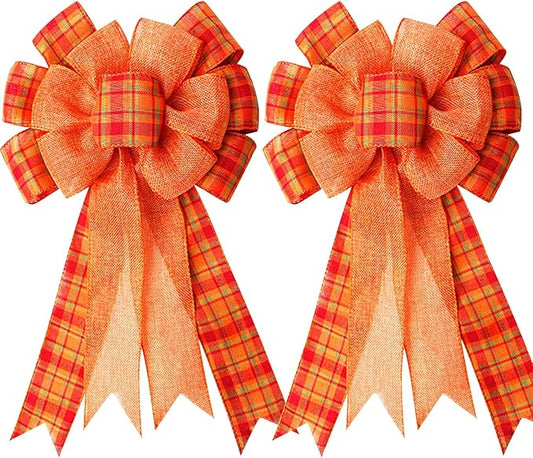 Iceyyyy Extra Large Fall Wreath Gift Bow -18.8x10.6inch Orange Buffalo Plaid Check Wreath Bow Swag Bow Thanksgiving Wreath Pre-Tied Bow For Fall, Thanksgiving, Christmas, Home Indoor Outdoor Ornaments