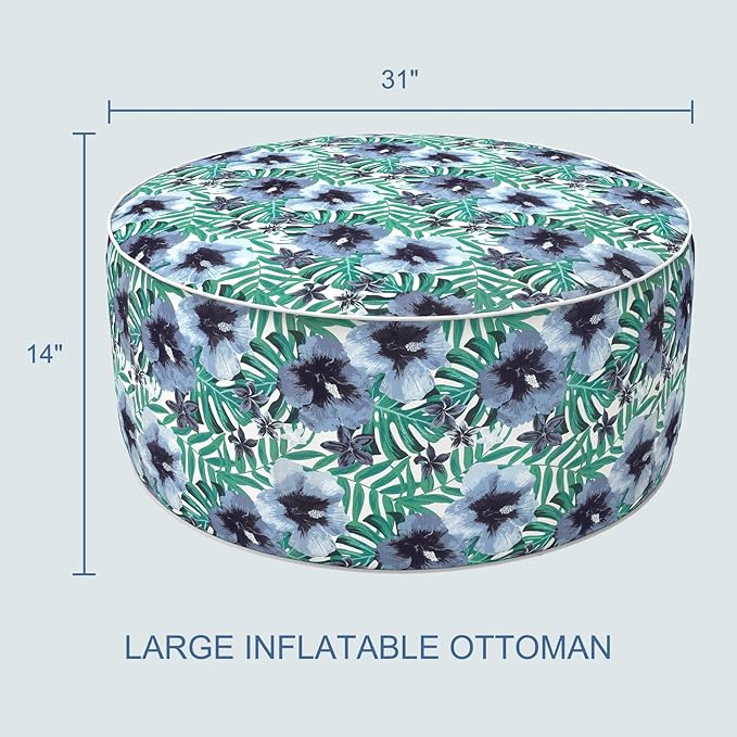 LVTXIII Indoor/Outdoor Inflatable Ottoman, D31 x H14 Inch Large Round Ottoman, All Weather Foot Rest Stool, Portable Footrest for Patio, Garden, Camping and Home - Blue Salmone Tropical