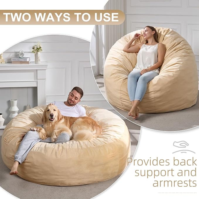 Hobestluk 6FT Bean Bag Chair Bean Bag Chairs for Adults Giant Bean Chairs with Velvet Cover, Memory Foam BeanBag Chair Fluffy BeanBag Chairs for Living Room, Bedroom- Khaki (70" x 70" x 15")