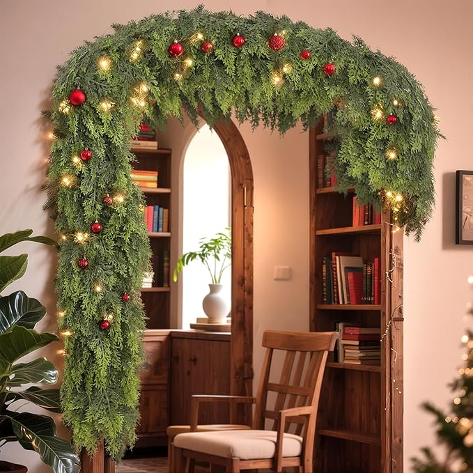 9FT Real Touch Cedar Garland - Artificial Christmas Garland Fake Green Faux Thick and Lush Pine Needles Garlands for Table Fireplace Mantle Holiday Home Indoor Outdoor Decor (2PCS)