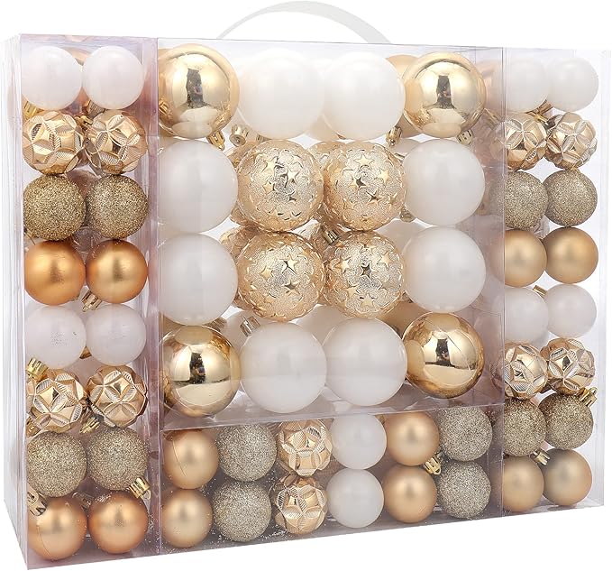 87ct Christmas Ball Ornaments Set Shatterproof Seasonal Hanging Decorations with Reusable Hand-held Gift Package for Xmas Tree Holiday Party and Home Decor, Gold