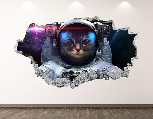 Astronaut Cat Wall Decal Art Decor 3D Smashed Space Sticker Poster Kids Room Mural Custom Gift BL203 (30"W x 18"H)