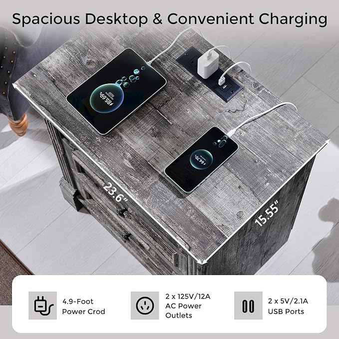 26" Tall Farmhouse Nightstand Set of 2, 3 Drawers End Table w/Charging Station, 23.6" Wide Large Side Table w/Roman Column, Wood Rustic Sofa Table for Bedroom, Light Gray