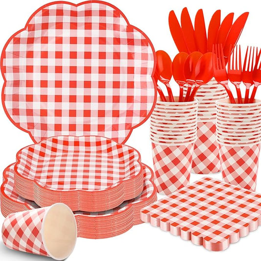 350 Pcs Red Gingham Plates and Napkins Party Supplies - Red and White Checkered Plates Sets Serve 50 Guests - Scalloped Gingham Paper Plate for Birthday Picnic Wedding Christmas Party Decorations