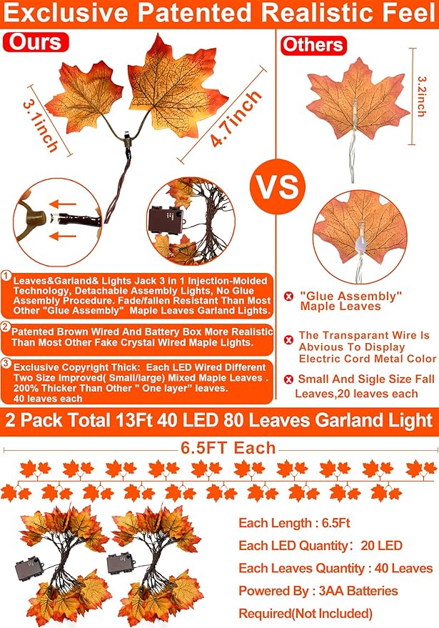 Timer & Thicker Leaves - 2 Pack Fall Garland with Lights Fall Hallowen Decorations Indoor Total 80 Leaves 40LED 13Ft Battery Operated Halloween Garland Thanksgiving Decor Home Indoor Outdoor Christmas