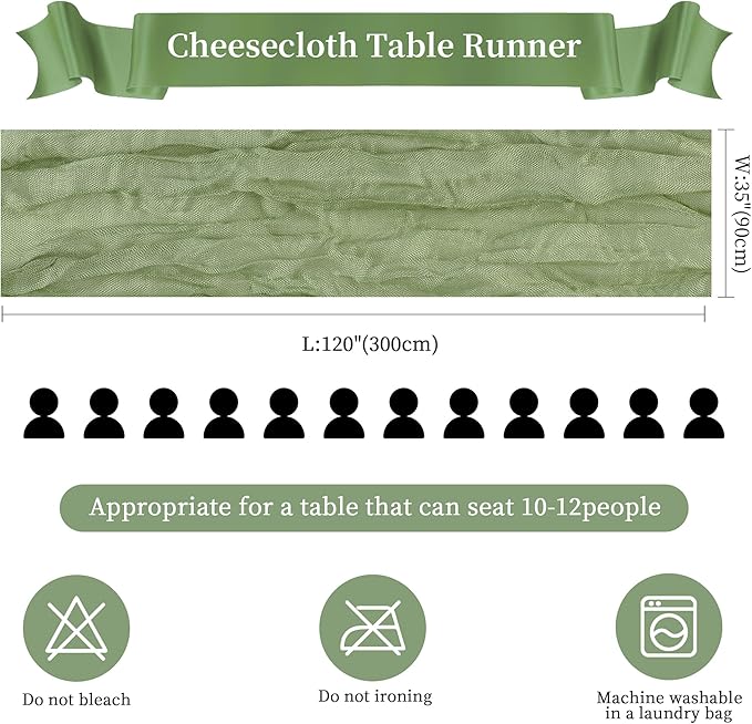 6 Pack Sage Green Cheesecloth Table Runner 10FT Long Boho Gauze Table Runner Rustic Sheer Runner for Wedding Bridal Baby Shower Birthday Party Table Decor Thanksgiving Christmas Decorations