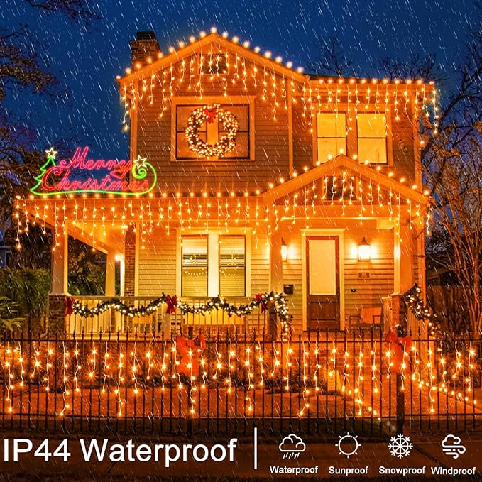 Orange Lights for Halloween 66ft 640 LED Icicle Christmas Lights Outdoor 8 Modes with 120 Drops, Waterproof Halloween Light Outdoor Plug in for Outside Indoor Party Holiday Tree Decorations