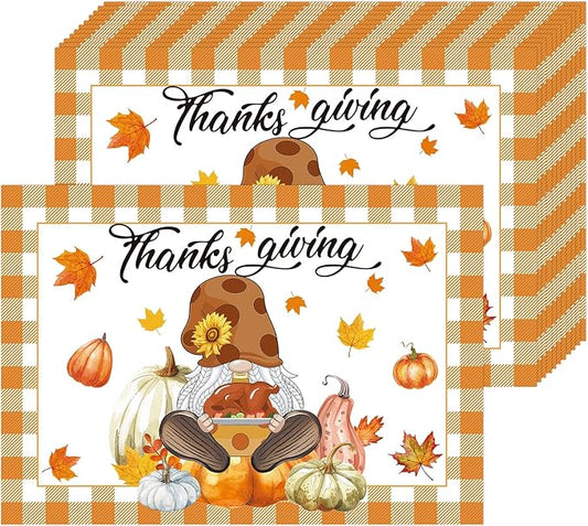 Paper Placemats Disposable 50 Pack Autumn Gnome Pumpkin Placemats 16x 11 Inch Thanksgiving Day Farmhouse Orange Buffalo Plaids Table Mats for Home Party Kitchen Dining Table Decoration