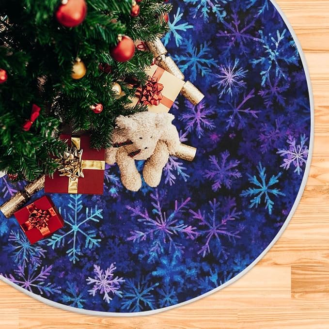 Christmas Blue Purple Snowflake Tree Skirt, Seasonal Tree Mat Holiday Party Supplies Ornaments Indoor Outdoor Decorations for Tabletop Trees 47.2 Inches