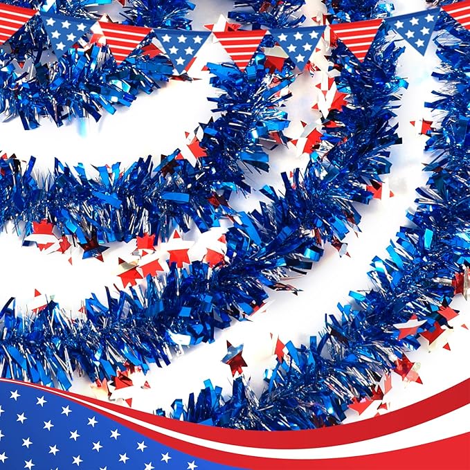 4th of July Patriotic Tinsel Garland Decoration 33FT, Red White and Blue Tinsel Garland with Shiny Star Metallic Garlands,Independence Day Memorial Day Decor for Home Indoor Outdoor