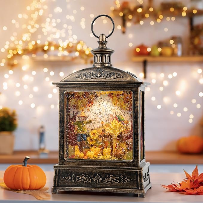 12.5'' Fall Snow Globe Lantern - Scarecrow and Turkey Lighted Water Lantern with Swirling Glitter Fall Decorations for Home, Thanksgiving, Autumn Harvest Fall Decor