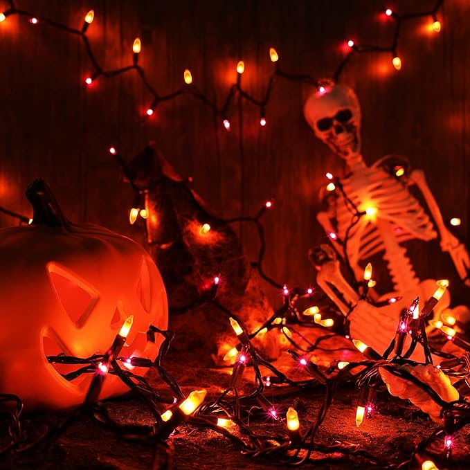 ODEETRONIC Purple Orange Lights, 21.63ft 100 Count Mini Incandescent Halloween Lights, 120V UL Certified Connectable Plugin Outdoor Tree Light, Brown Wire Indoor String Light for Party Spooky Decor