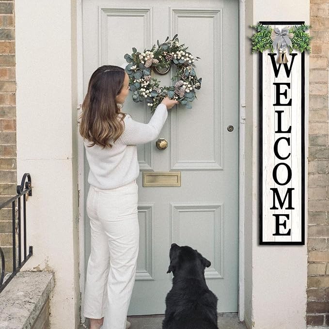 Surfapans Welcome Sign for Front porch Standing 45"X9"Large Wood Frame Outdoor Tall Welcome Signs Vertical Decor for Farmhouse Rustic Home Modern Outside Front Door Wall Decorations (Black)