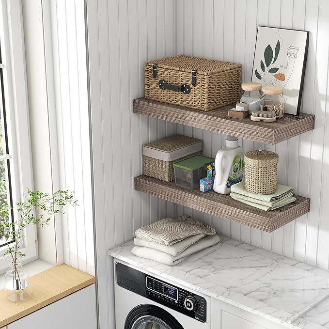 12 Inch Deep Floating Shelves for Wall | 30 Inch Floating Shelves Set of 2 | Rustic Grey Wood Shelves for Living Room Bathroom Laundry Room Bedroom Kitchen Home Office - Rustic Grey