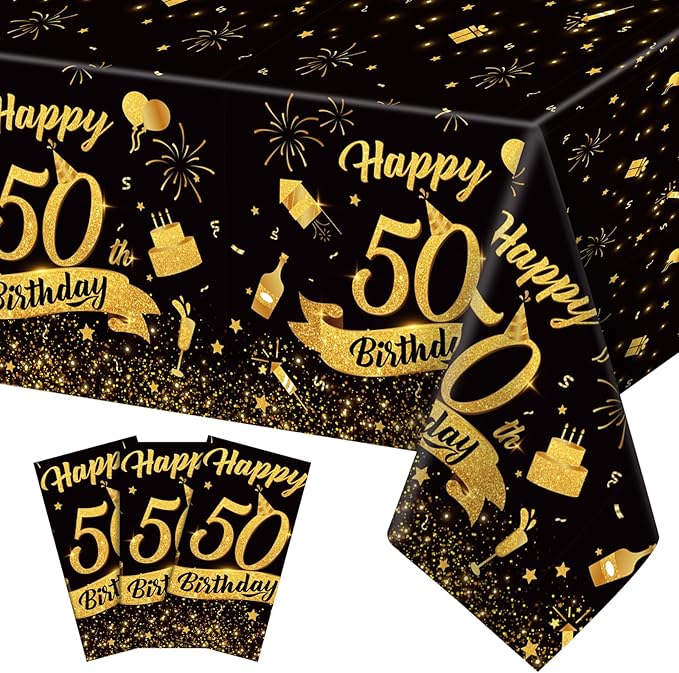 3 Pack 50th Birthday Tablecloth, Plastic Black Gold Table Cloths 50th Birthday Table Cover, Disposable Rectangle Table Cloths for Birthday Party Decorations, 54x108