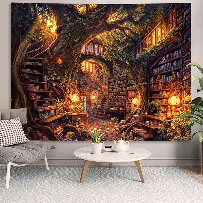 Accnicc Forest Library Tapestry Tree Bookshelf Tapestries Wall Hanging Vintage Fantasy Fairy Treehouse Book Large Tapestry for Bedroom Living Room Dorm Classroom 80 x 60 inch