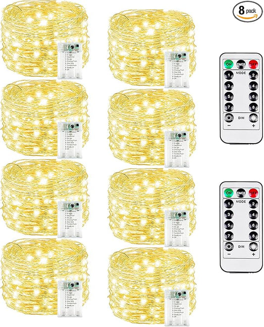8 Pack Each 20FT 60LED Fairy Lights Battery Operated with Remote, Waterproof Twinkle Lights with Timer, Cuttable String Light Indoor & Outdoor for Bedroom Classroom Wedding DIY Christmas (Warm White)