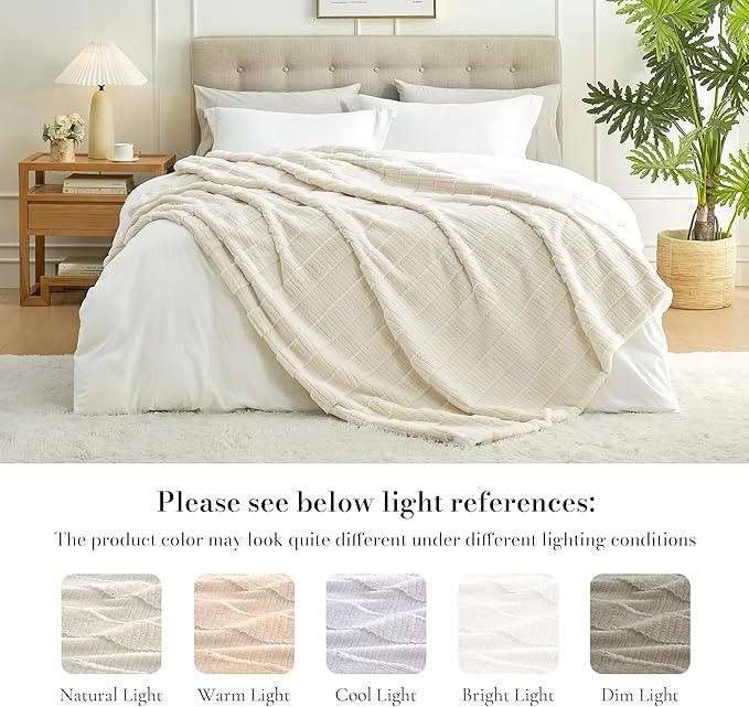 Amélie Home Luxury Striped Faux Fur Throw Blanket for Couch, Embossed Split Fur Cozy Fuzzy Fluffy Luxurious Soft Plush Sofa Chair Bed Gift Blankets for Women Men Wife Friend, 60"x80", Ivory