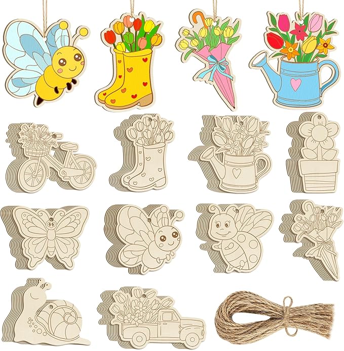 80PCS Wooden Spring Ornaments to Paint, 10 Styles DIY Blank Unfinished Wood Flower Cutouts Butterfly Ornament for Crafts Hanging Decorations, Cute Bee Flower Shape Home Decorations Gifts