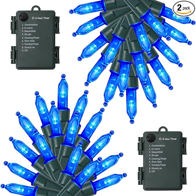 WATERGLIDE 2 Pack 50 LED Outdoor Christmas Lights, 16FT Battery Operated Mini String Lights with 8 Modes & Timer, Xmas Tree Lights Waterproof for Patio Garden Party Wedding Holiday Decor, Blue