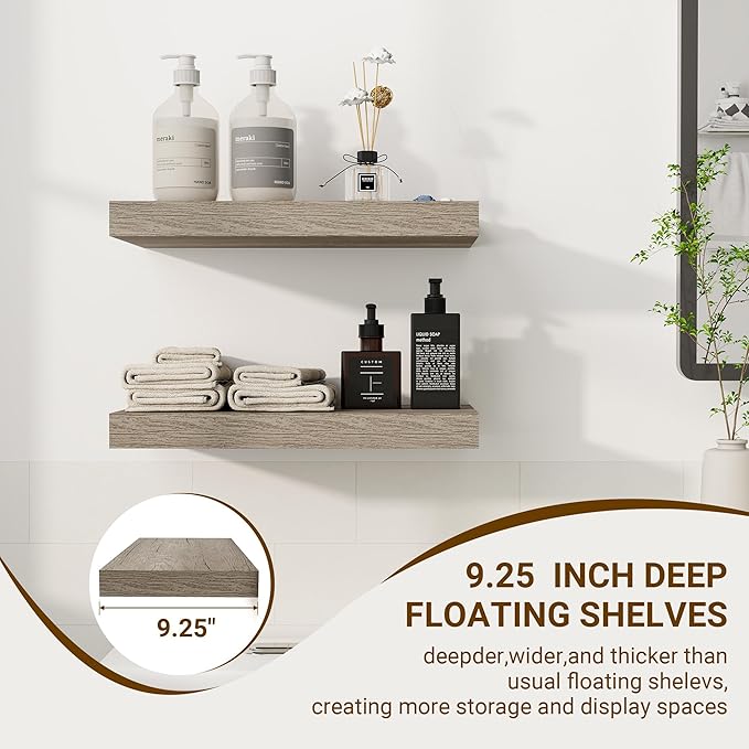 16 Inch Floating Shelves, 3D Textured Wood Grain, 16"x9.25"x1.5" Inch Deep Floating Shelves for Wall, Wooden Shelves for Bathroom, Bedroom, Living Room, Vintage Gray Oak