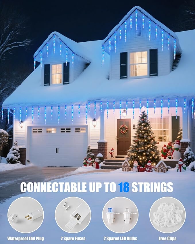 Minetom Icicle Lights Outdoor with Clips, 2 Pack Total 40ft 200 LED 40 Tubes Twinkling Connectable Hanging Ice Shape Christmas String Lights Plug in for Eave Holiday Outdoor, Blue and White