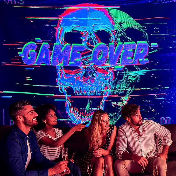 OSVINO Blacklight Skeleton Tapestry 59"x51" GAME OVER UV Reactive Wall Hanging Neon Skull Hippie Posters for Halloween Eastern Backdrop Bedroom Dorm Living Room Decor