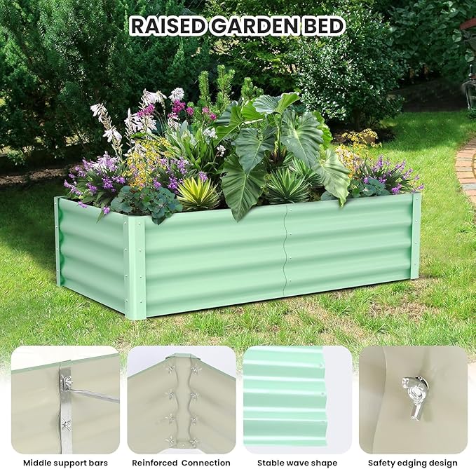 6x3x1ft Large Outdoor Planter Boxes Kit Set of 2, Galvanized Raised Bed Planter with Open-Ended Base Design, Elevated for Outdoor Plants, Durable Raised Bed for Gardening,Green