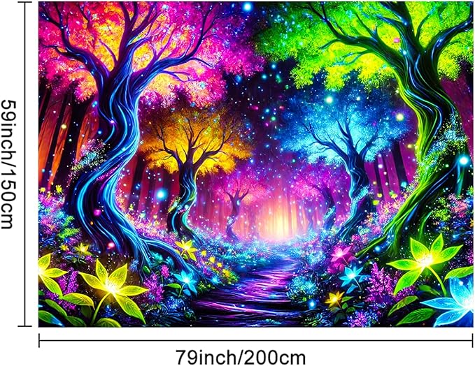 BlissYard Enchanted Neon Forest UV Black Light Tapestry 78x59 Inches Art Color Neon Light Background Bedroom Living Room Wall Party Decoration Psychedelic Pathway Fantasy Nature Magic Glow Decor