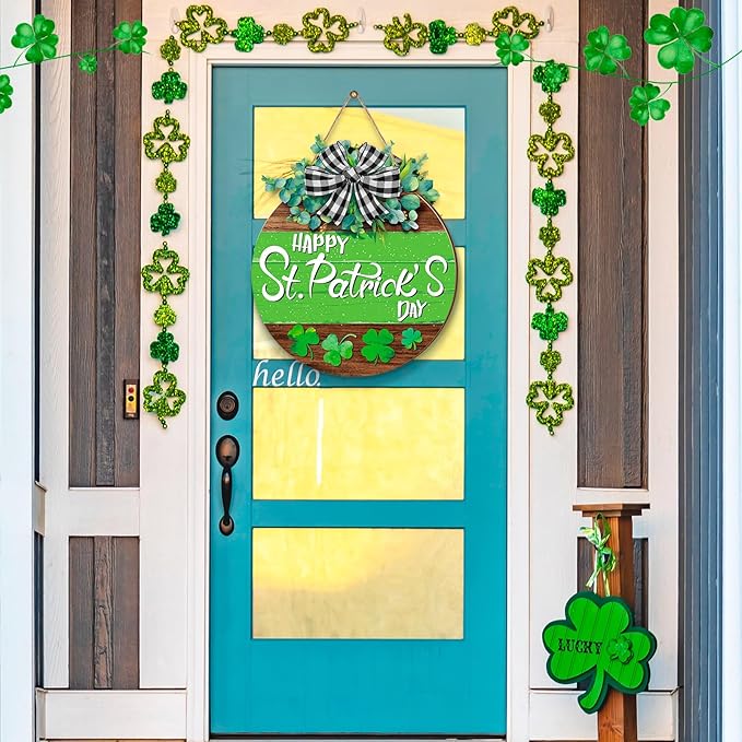 Boao St. Patrick's Day Shamrock Door Wreath Wooden Hanging Decor Farmhouse Rustic Door Decoration St. Patrick's Day Wreath Sign with Bow Ornament for Irish Home Indoor Holiday Outdoor Farmhouse Window