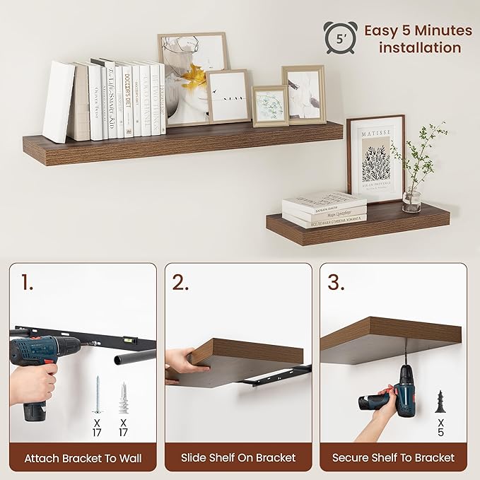 Wide Floating Shelves for Wall 12 Inch Deep, 36" X 12" X 2" Floating Shelf, 2 Inch Thick Shelf for Bathroom Bedroom Kitchen Book Room, Heavy Duty 65lbs Shelves for Farmhouse Decor Set of 2, Walnut