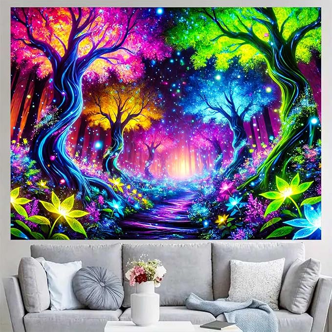 BlissYard Enchanted Neon Forest UV Black Light Tapestry 78x59 Inches Art Color Neon Light Background Bedroom Living Room Wall Party Decoration Psychedelic Pathway Fantasy Nature Magic Glow Decor