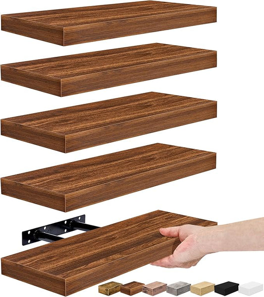 Sorbus Floating Shelves for Wall, Bathroom Shelves Wall Mounted for Kitchen, Bedroom, Living Room, Bathroom Storage, Over Toilet, Hanging Book Shelf for Ｗall Home Decor (Walnut, 5 Pack)