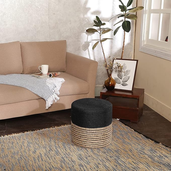 REDEARTH · Cylindrical Pouf Ottoman - Braided Pouffe Accent Sitting Round Footrest for Living Room, Bedroom, Nursery, kidsroom, Patio ; 70% Cotton 30% Jute, Set of 2 (14.5x14.5x16; Black Natural)