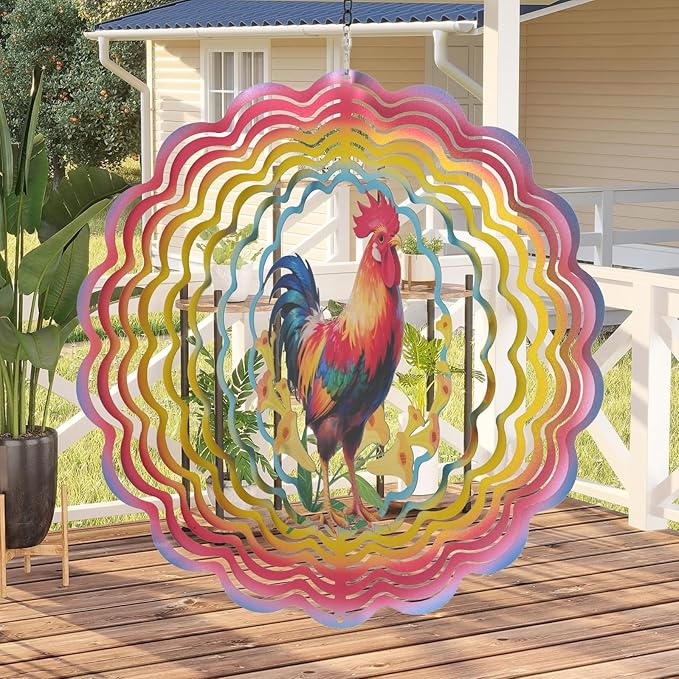 Wind Spinners Outdoor Chicken Decorations - Birthday Gifts for Women Mom Grandma, Rooster Deocr Hanging Wind Spinner 12 inch 3D Wind Sculptures for Garden Decor for Outside, Patio, Yard, Outdoor
