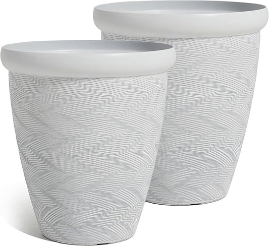 Worth Garden 2-Pack 16" Large Round Planter - Weave Pattern Lightweight Plastic Plant Pot 16" x 17.5" for Indoor Outdoor Use - Decorative Containers for Front Porch Home Yard Deck Patio - White