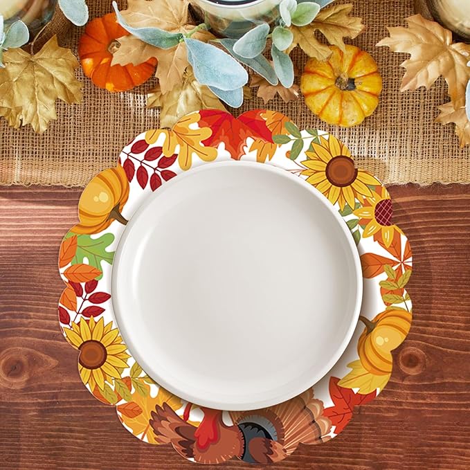 50Pcs Thanksgiving Fall Round Paper Placemats,13.4 Inch Pumpkin Turkey Disposable Placemats Autumn Maple Leaves Round Table Mats for Harvest Birthday Thanksgiving Party Supplies