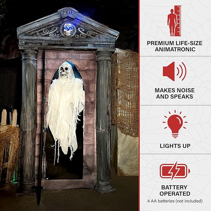Haunted Hill Farm 6.7-Ft Animatronic Mausoleum by Tekky, Halloween Animatronic, Spooky House Wall Decoration, Creepy Indoor & Covered Outdoor Party Decor Motion-Activated Lights & Sound, LifeSize